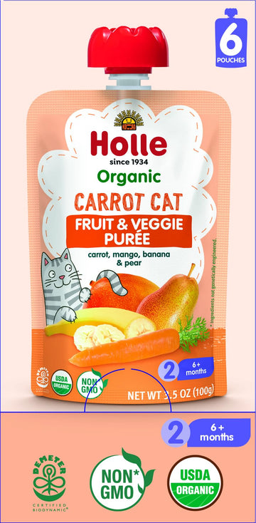 Holle Organic Baby Food Pouches - Carrot Cat Baby Puree With Carrot, Mango, Banana & Pear - (6 Pack) Organic Baby Snacks + Fruit And Veggie Pouches For Weaning Babies 6 Months And Older