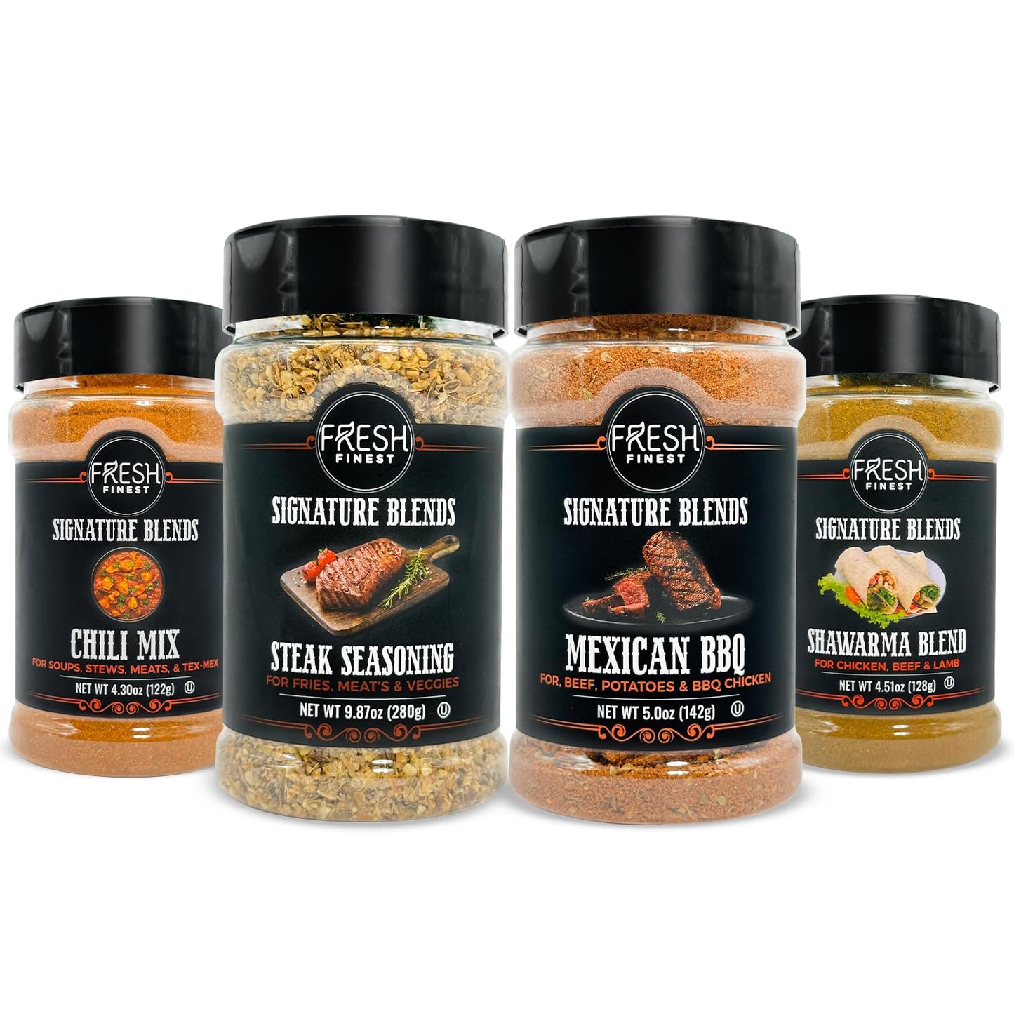 Fresh Finest Meat Seasonings And Rubs Gift Set - Montreal Steakhouse Shawarma Mexican Bbq Chili Mix - Kosher Gluten-Free Non-Gmo - Perfect For Grilling And Flavorful Dinners (4-Pack)