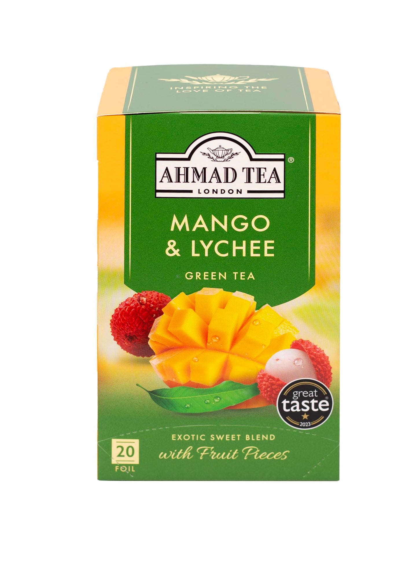 Ahmad Tea Green Tea, Mango & Lychee Teabags, 20 ct (Pack of 1) - Caffeinated & Sugar-Free