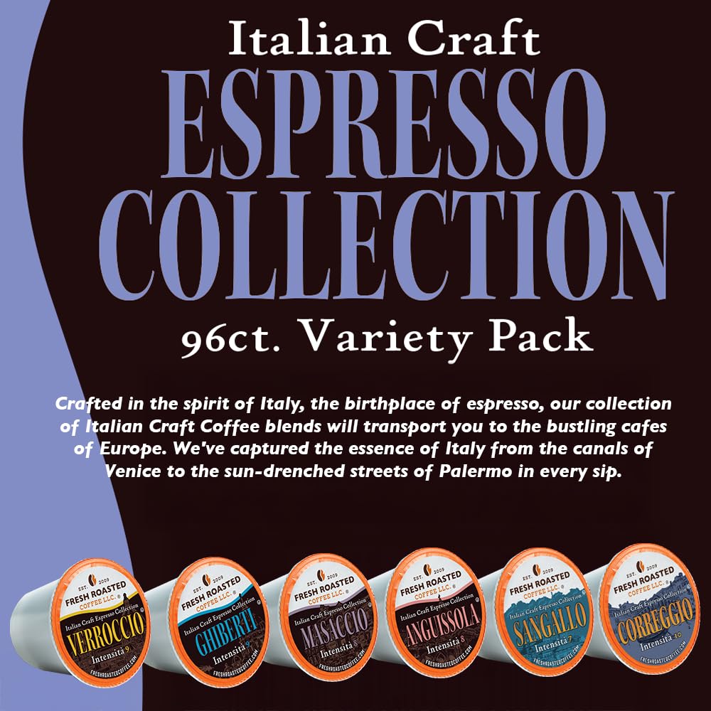 Fresh Roasted Coffee Italian Craft Coffee Variety Pack Artisan Blend Dark Roast Kosher 96 Pods for K cup malt-inspired