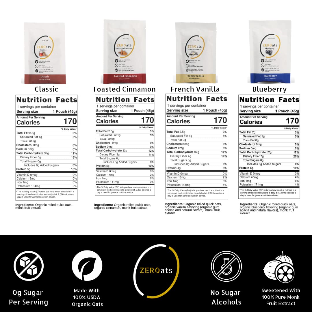 ZEROats Organic Oatmeal - Zero Sugar, Vegan Oats, Sweetened With Monk Fruit (Variety 12 Pack)