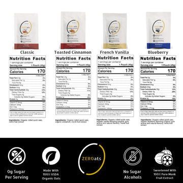 ZEROats Organic Oatmeal - Zero Sugar, Vegan Oats, Sweetened With Monk Fruit (Variety 12 Pack)