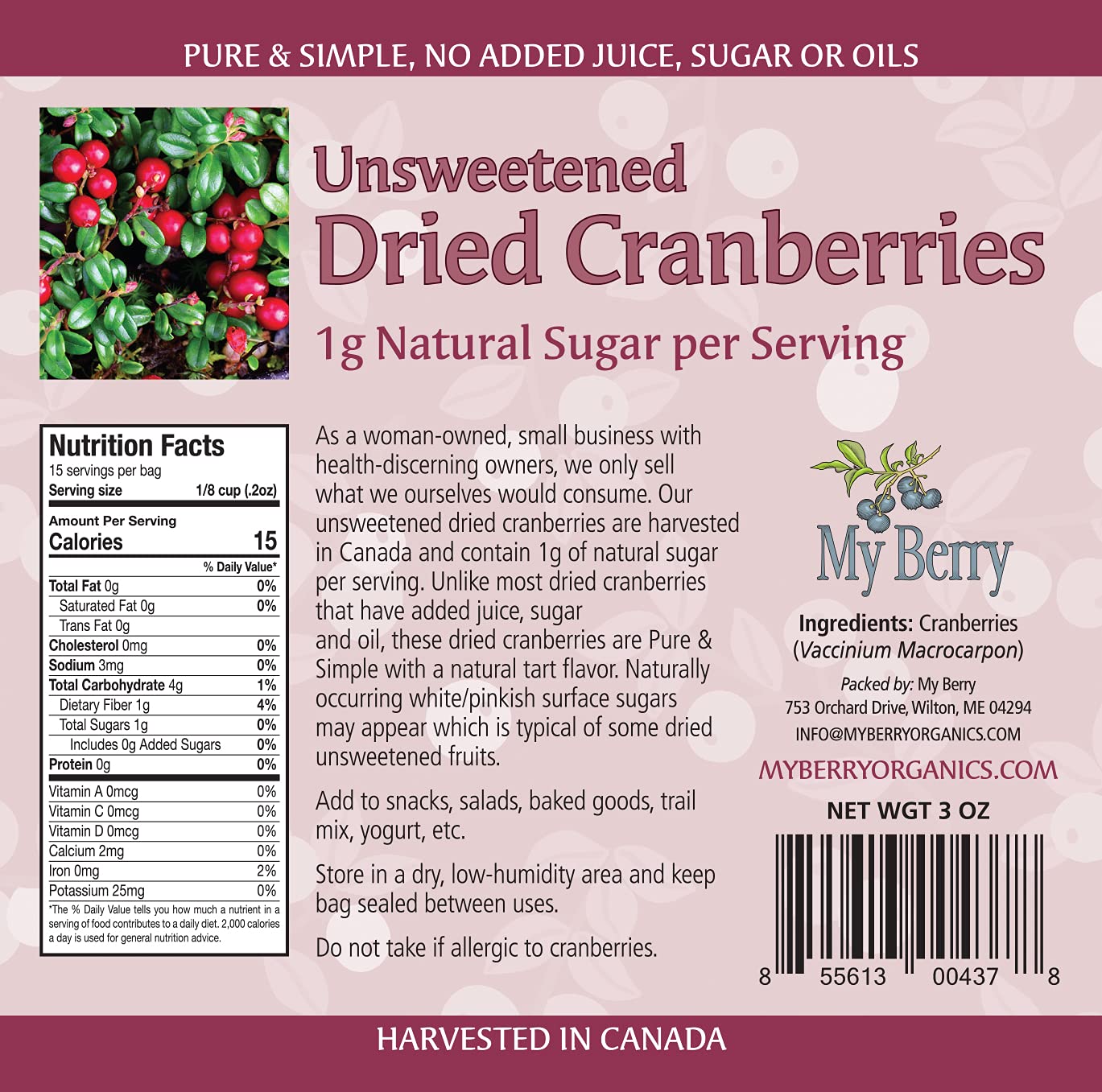 My Berry Organics Unsweetened Dried Cranberries, No Added Sugar, 3oz - Low Sugar Snack, Woman-Owned Small Company