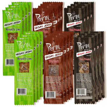 Primal Spirit Vegan Jerky - Seitan Power Pack, 10 G. Plant Based Protein, Certified Non-Gmo, No Preservatives ("The Classics" Teriyaki, Thai Peanut, And Mesquite Lime, 24-Pack, 1 Oz)