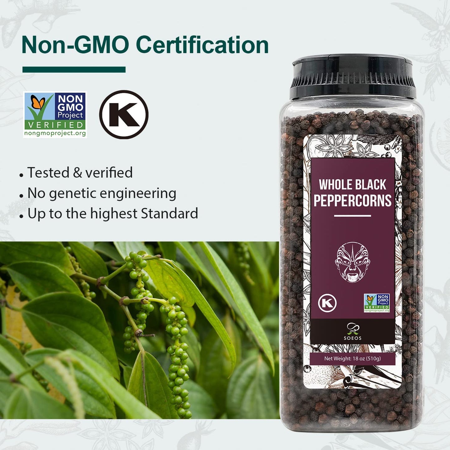 Soeos Himalayan Pink Salt 39 oz + Whole Black Peppercorns 18 oz, Kosher Bulk, Coarse Salt, for Grinder Refill, Peppercorns, Pepp