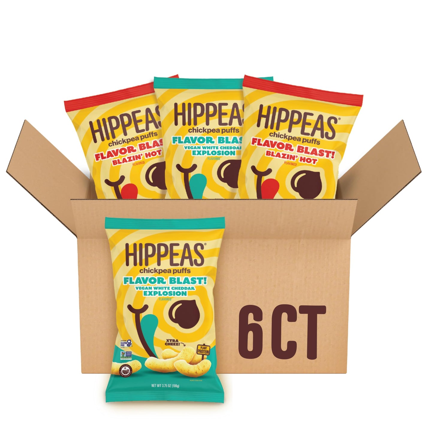 Hippeas Chickpea Puffs Flavor Blast Variety Pack: Vegan White Cheddar Explosion And Blazin Hot (Pack Of 6) 4G Protein 3G Fiber Vegan Gluten-Free Crunchy Plant Protein Snacks