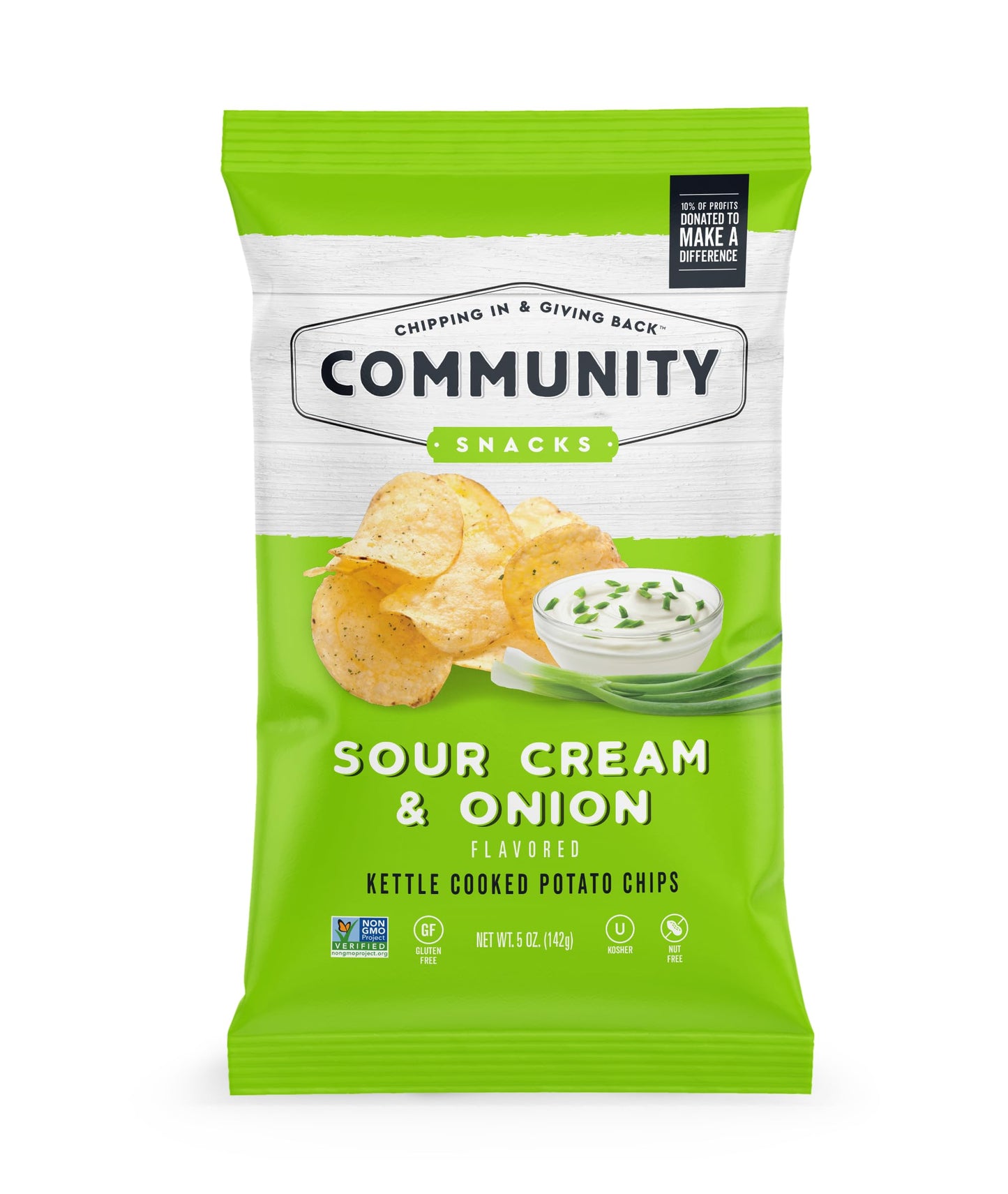 Community Snacks Sour Cream & Onion Flavor Kettle Cooked Potato Chips - 5 Oz Bag (12 Count) - Non-GMO, Gluten-Free, Kosher, Vega