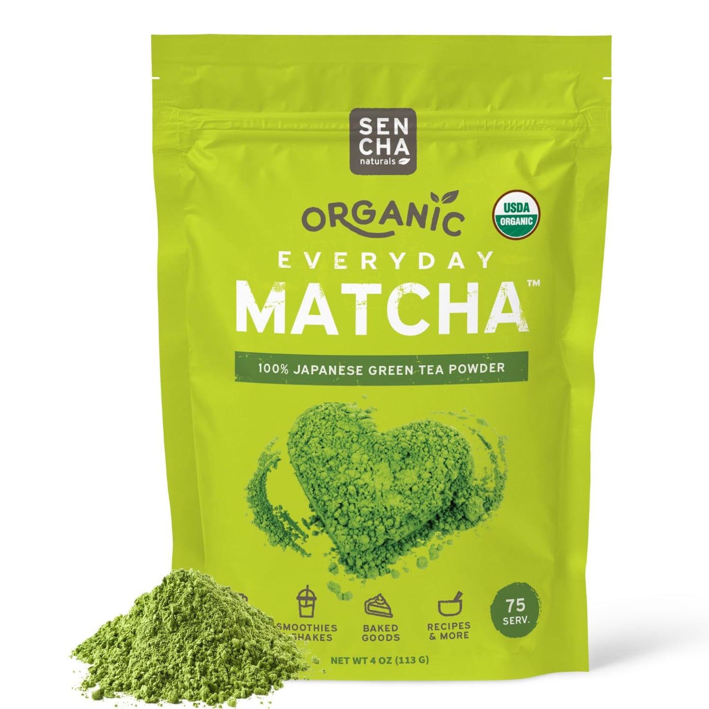 Sen Cha Naturals Organic Matcha Powder Authentic Japanese Green Tea Top-Grade First & Second Harvest Culinary And Ceremonial Grade Matcha Powder Lattes & Baking 4Oz Bag (1 Pack)