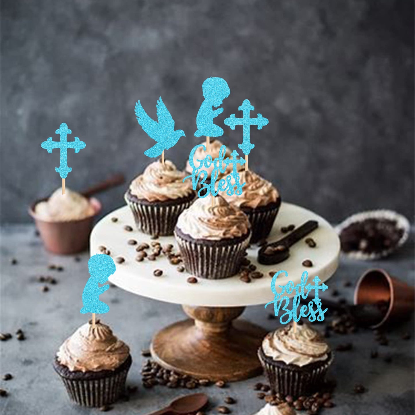 ZHUOWEISM Cupcake Toppers 24 PCS Glitter Dove Baptism Theme Small Design 3 Blue