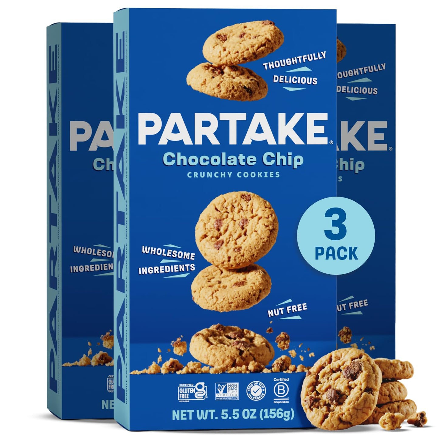 Gluten Free Patake Crunchy Chocolate Chip Cookies - Vegan - Free From The Top 9 Allergens Including Dairy Wheat Soy Eggs & Peanuts - Non Gmo - Safe School & Office Snack (3 Pack 5.5Oz Boxes)
