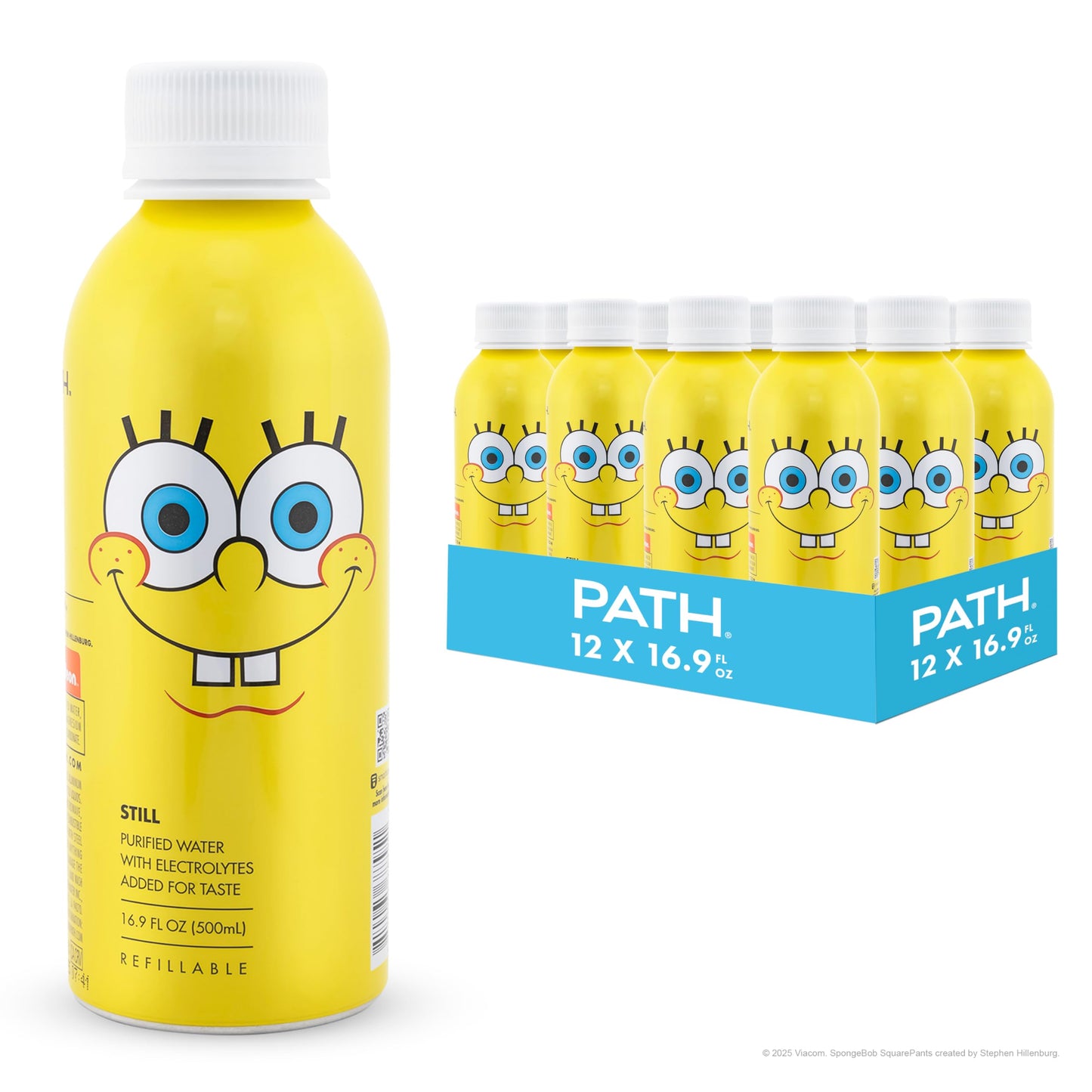 PATHWATER Aluminum Water Bottle - Ultra-Purified, pH-Balanced, BPA-Free, 16.9 fl oz, SpongeBob Edition, Pack of 12