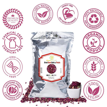 Cure wid Pure Sun-Dried Rose Petals & Dried Rose Buds Whole In Resealable Pouch - Fragrant & Rich in Color Ideal for Culinary & Aromatic Uses Food Grade Dried Roses for Tea Skin Care Decor & More 1Lb