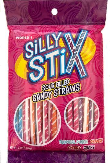 Sour Filled Candy Straws, Silly Stix, Tropical Punch, Orange, Cherry, Grape