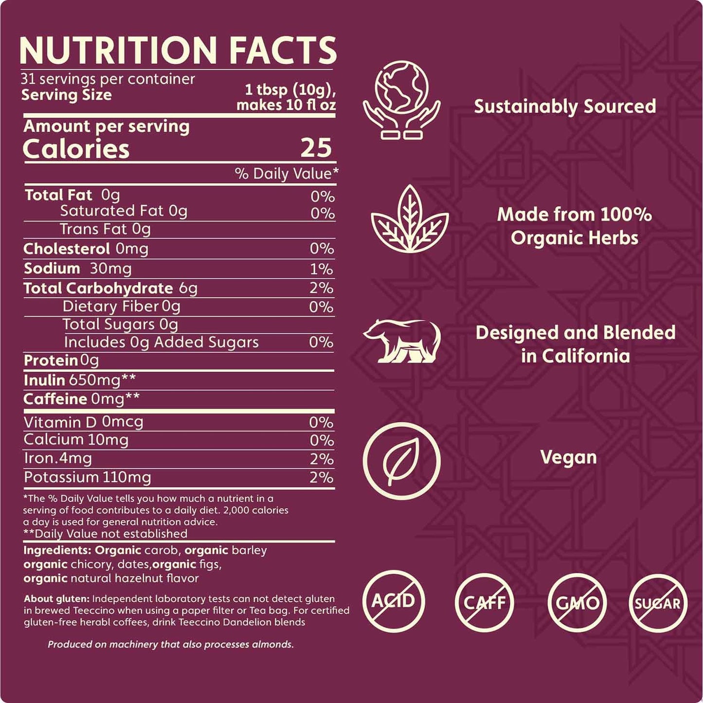 Teeccino Chicory Coffee Alternative, Hazelnut, Ground Herbal Coffee, Caffeine Free, Acid Free, Medium Roast, 5 Lb Bag