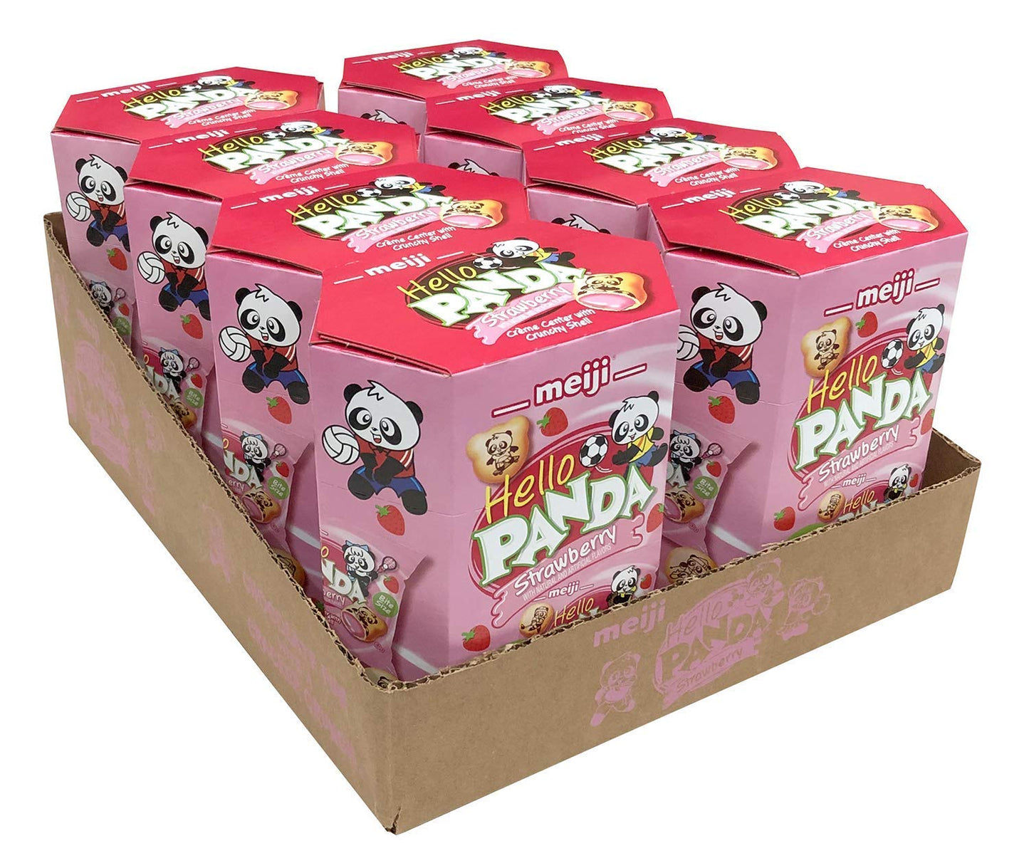 Meiji Hello Panda Cookies, Strawberry Crme Filled - 6 oz, Pack of 8, 64 Bags Total - Bite Sized Cookies with Fun Panda Sports