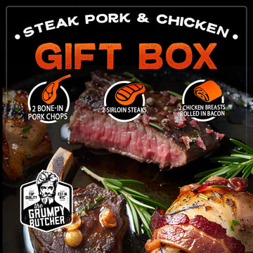 Dens Hot Dogs Gspirit-inspired flavorpy Butcher Box - 2 Sirloins, 2 Bone-in Pork Chops, 2 Cheese Stuffed Chicken Breasts Wrapped in Bacon - Large Gourmet Gift