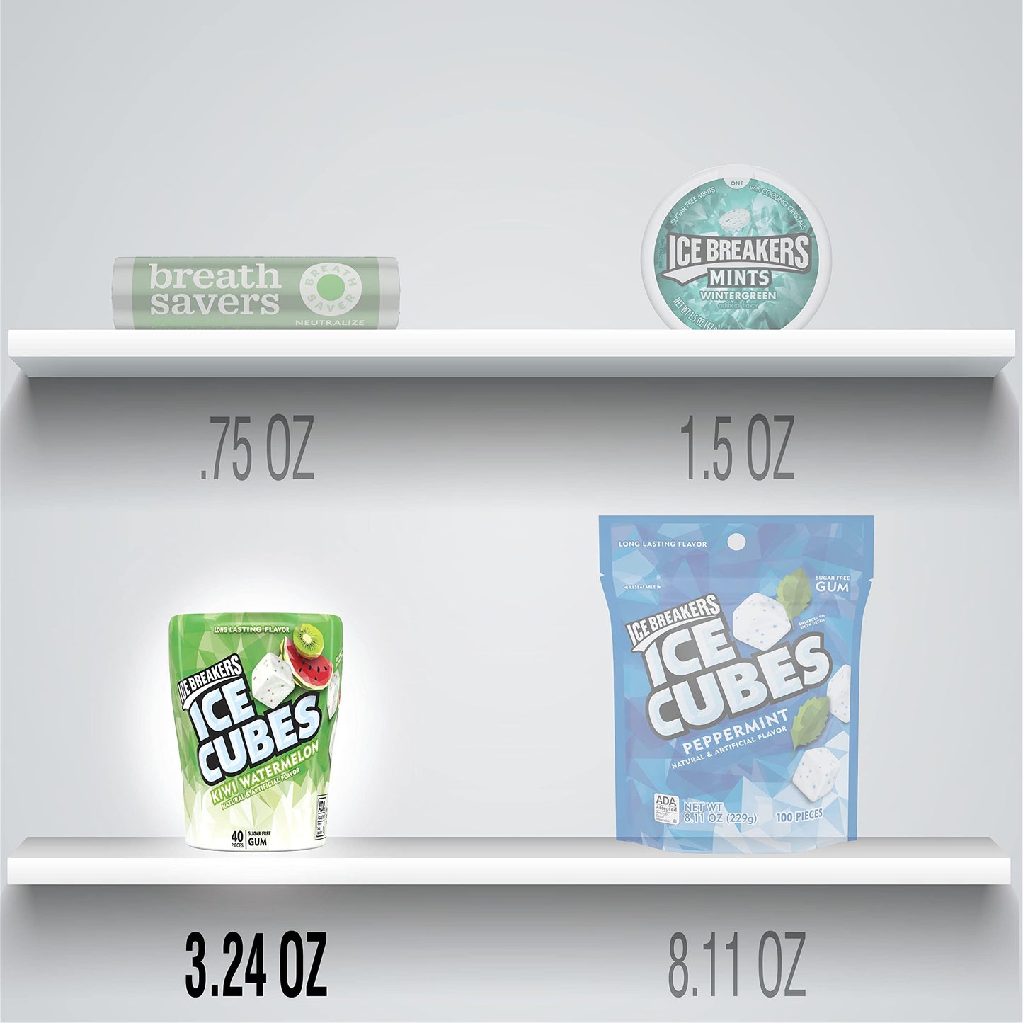 ICE BREAKERS Ice Cubes Kiwi Watermelon Sugar Free Chewing Gum Bottles, 3.24 oz (6 Count, 40 Pieces)