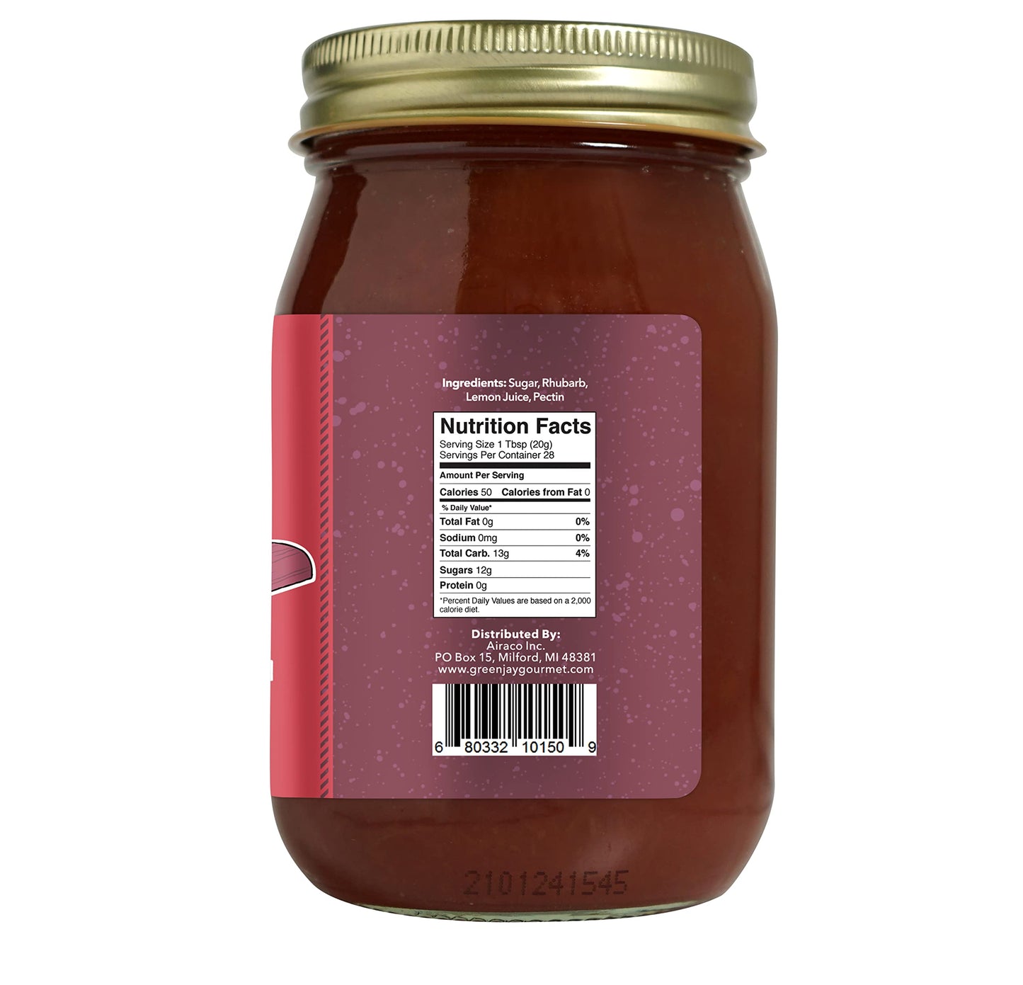 Green Jay Gourmet Rhubarb Jam - All-Natural, Vegan, Gluten-Free - 20 Ounces