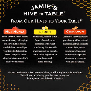 Jamie'S Hive To Table Infused Honey Gift Set - Hot, Lemon, And Cinnamon Flavors, 36 Oz, Pack Of 3 Squeeze Bottles - 100% America