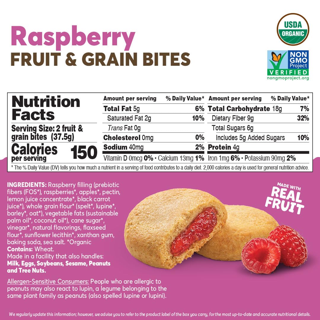 Olyra Raspberry Fruit Bars, Prebiotic High Fiber Snack, Organic Snack, Healthy Snacks for Adults and Kids, Low Sugar, Vegan, Off