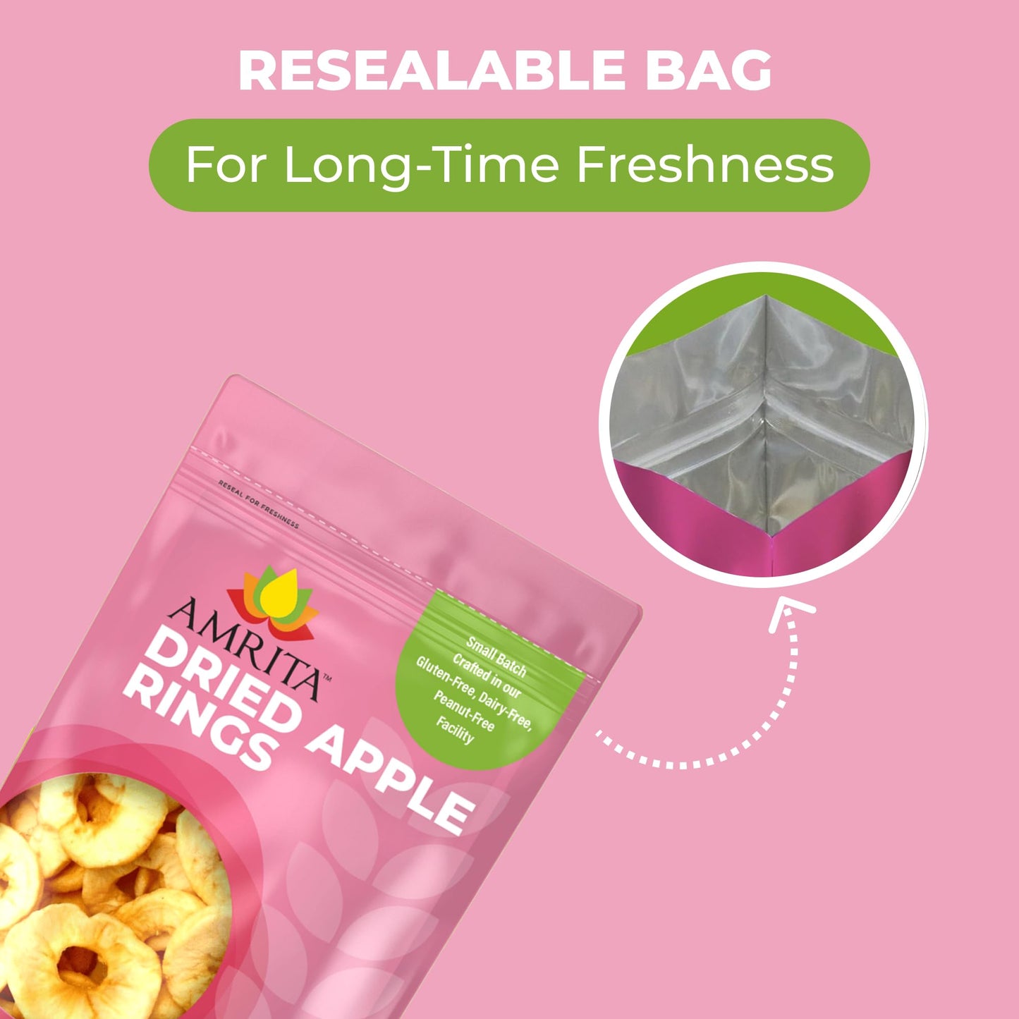 Amrita Dried Apple Rings, No Sugar Added, Vegan, Gluten-Free, 16 oz Resealable Bag