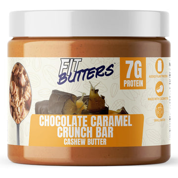 Fit Butters Chocolate Caramel Crunch Bar Cashew Butter Spread - Added Protein and Coconut Oil, Low Carb, Low Sugar, Complete Pro