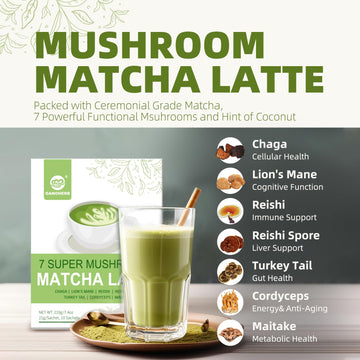 Ganoherb Mushroom Matcha Latte Powder, 7.4 Ounce, 7 Superfood Mushrooms With 25% Beta-Glucans, Lions Mane, Reishi, Chaga, Coconu