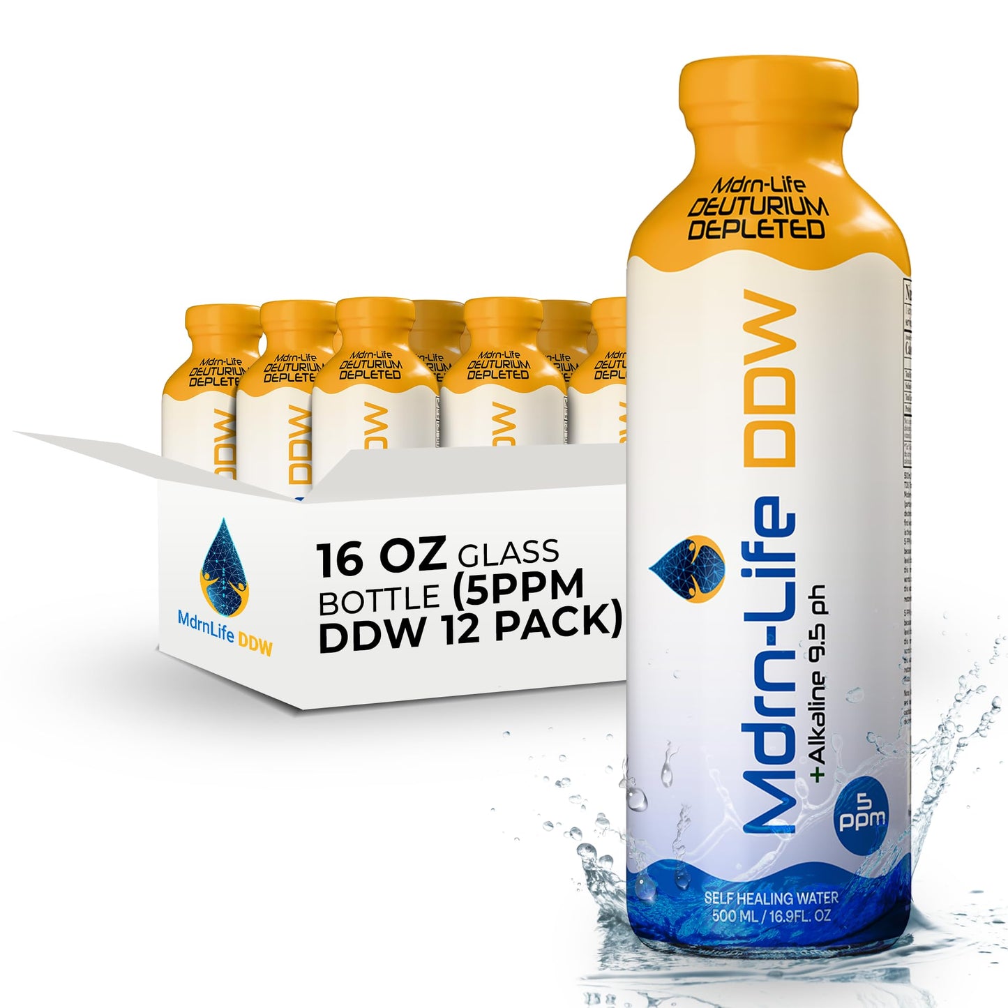 Mdrn-Life Deuterium Depleted Water Purified Bottled Water Ddw As Low As 5-Ppm 9.5 Ph Alkaline No Additives Or Chemicals Pack Of 12 (500 Ml Each) (Glass Bottle)