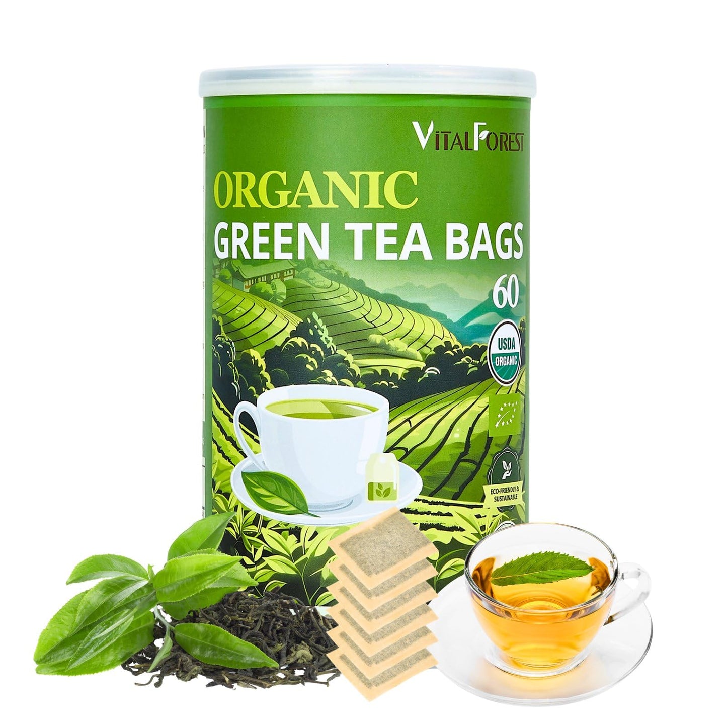 Organic Green Tea Bags| 60 Count VitalForest Unbleached ECO-Conscious Chinese Green Tea Packets| Te Verde Organico Natural Premi