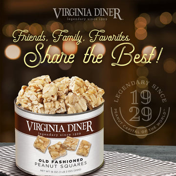 Virginia Diner - Gourmet Old Fashioned Peanut Squares 18oz Can of Peanut Candy with Virginia Peanuts for Snacking Sharing or Gif