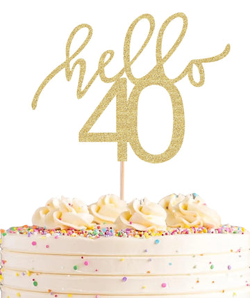 Ahaoray Hello 40 Cake Topper - Gold Glitter 40Th Birthday Cake Decorations - 40 Wedding Anniversary Party Cake Decor
