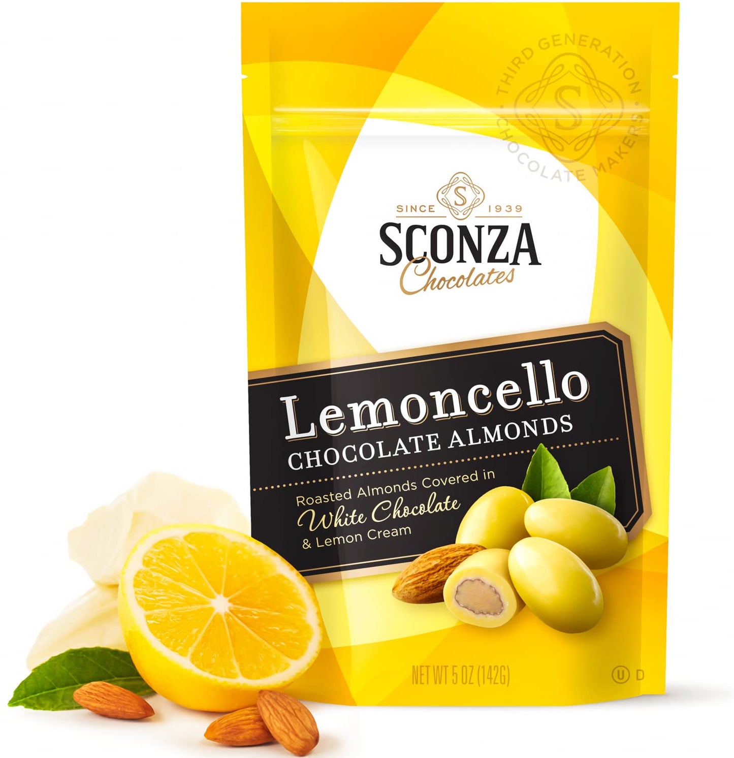 Lemoncello Chocolate Covered Almonds Brought to you by Nutic, Produced by Sconza - Roasted Almond Covered in White Chocolate and