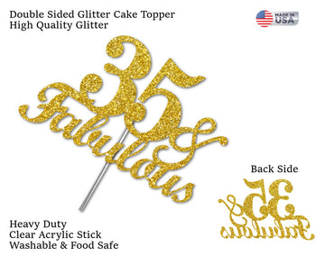RokAPary 35 & Fabulous Cake Topper, Gold Glitter, Acrylic, Sturdy Double-Sided, 35th Birthday Decoration