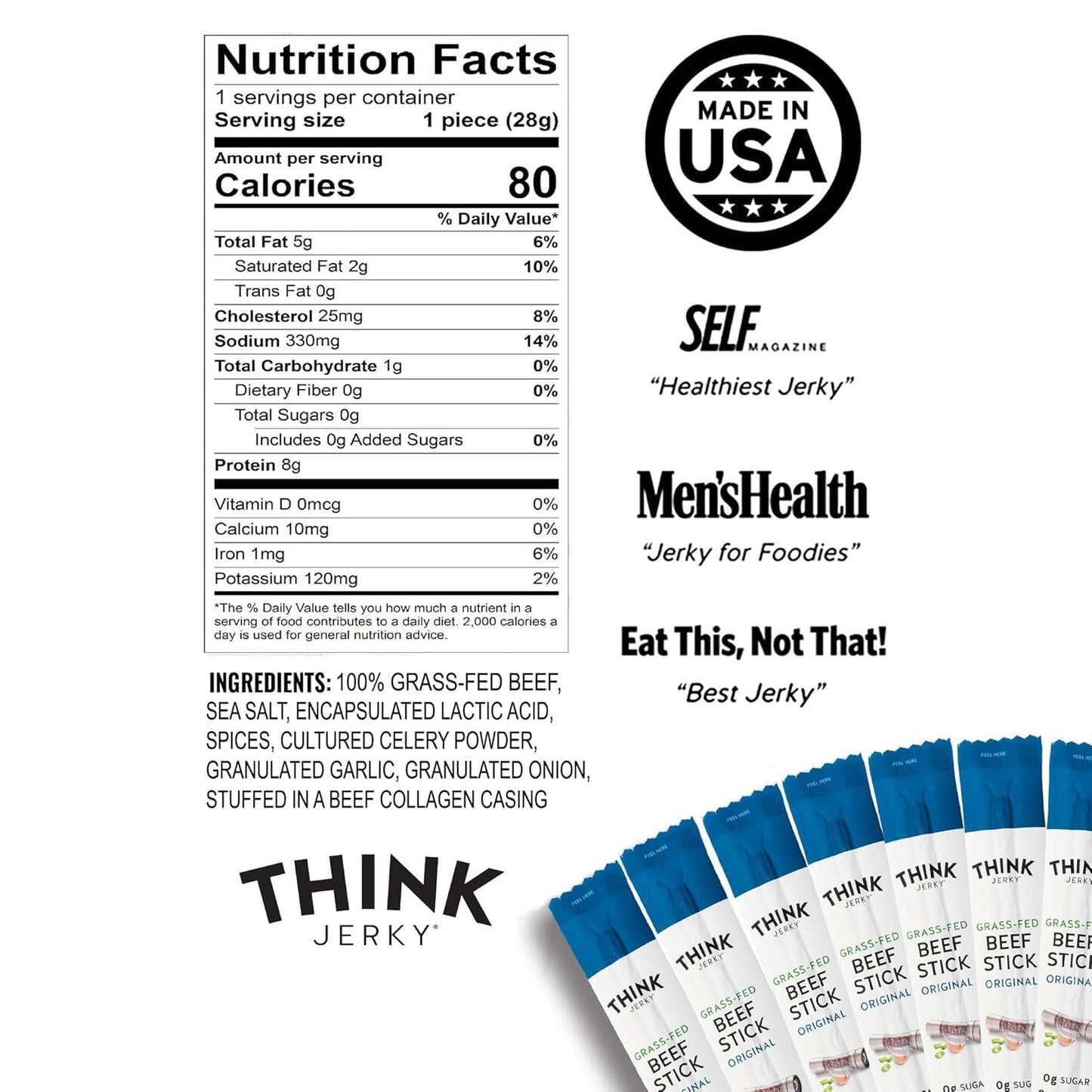 Think Jerky Original Grass-Fed Beef Sticks - Sugar Free, Gluten Free, High Protein, Low Carb, 1 Ounce (Pack of 10)
