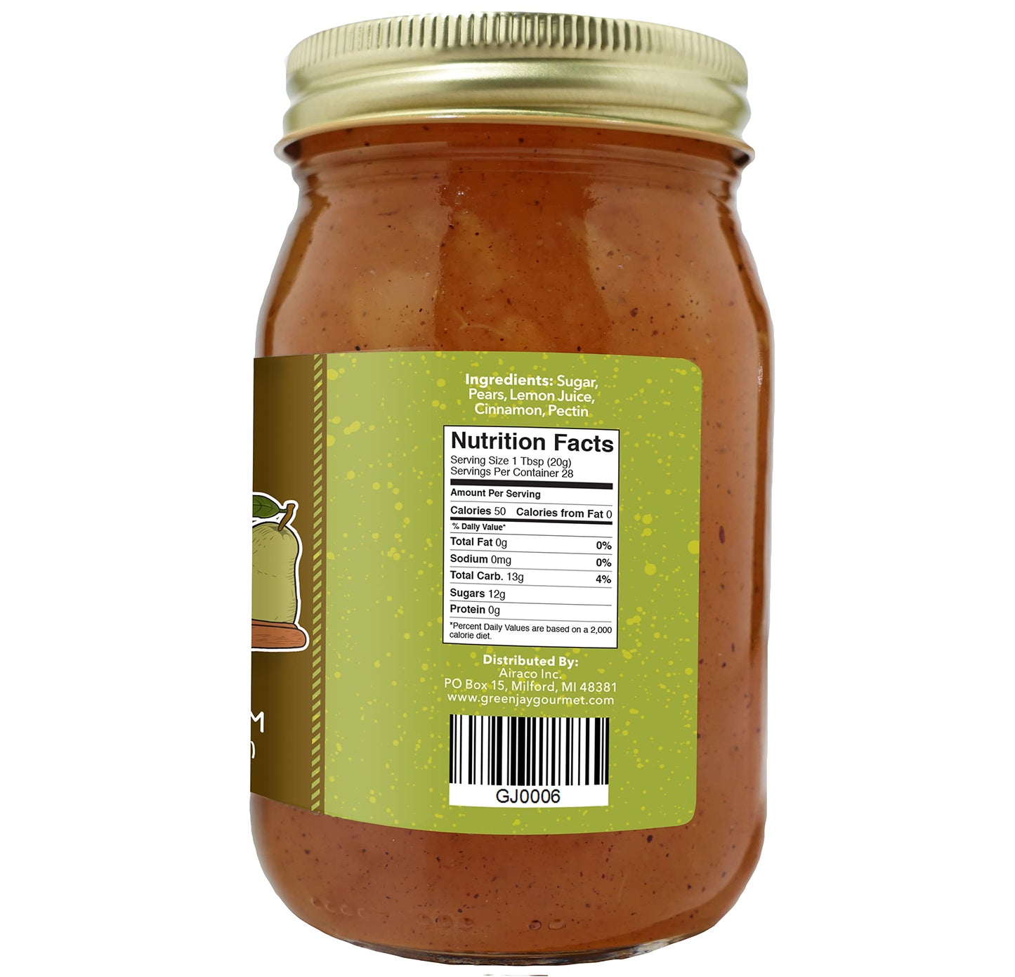 Green Jay Gourmet Cinnamon Pear Jam - All-Natural Fruit Jam With Pears & Cinnamon - Vegan, Gluten-Free Jam - Contains No Preserv