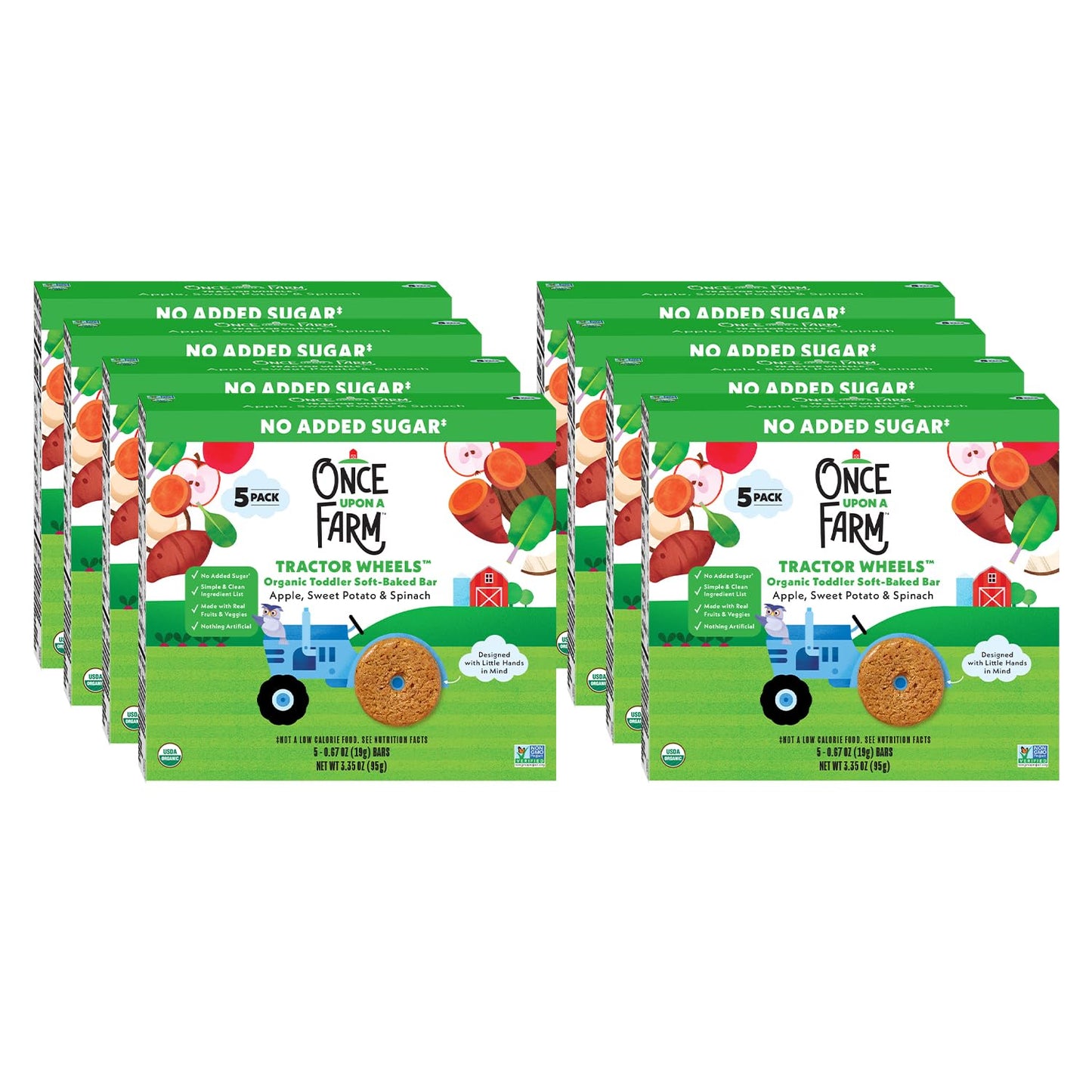 Once Upon A Farm Organic Toddler Soft Baked Bar, Apple, Sweet Potato and Spinach, Tractor Wheels Shaped, Non GMO, Kosher, 3.35 O