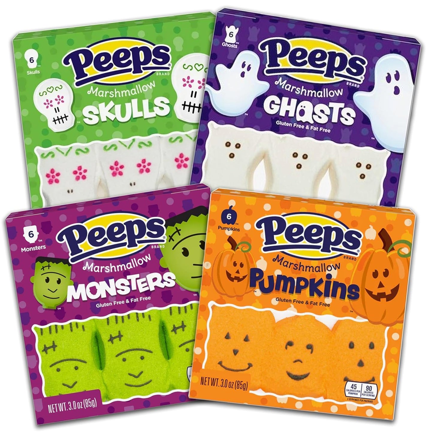 PEEPS Halloween Marshmallow Candy Bundle Skulls Monsters Pumpkins Ghosts Trick or Treat Candies Fall Time Soft and Chewy Pack of 4 12oz Total