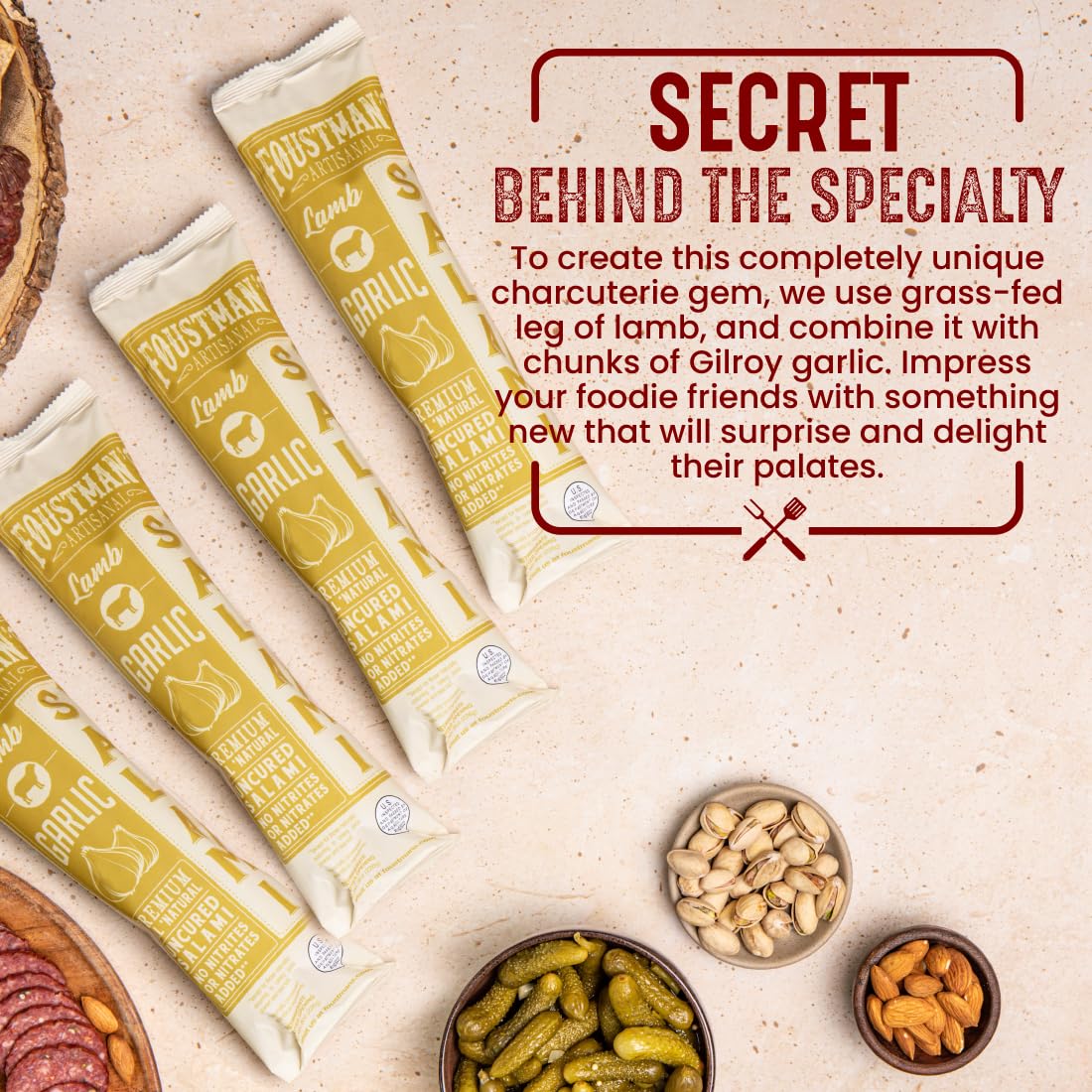 Foustman'S Salami Garlic Lamb Artisanal, Nitrate-Free, Naturally Cured, Gluten-Free, Dairy-Free, No Pork, Pack Of 3, 8 Oz Each