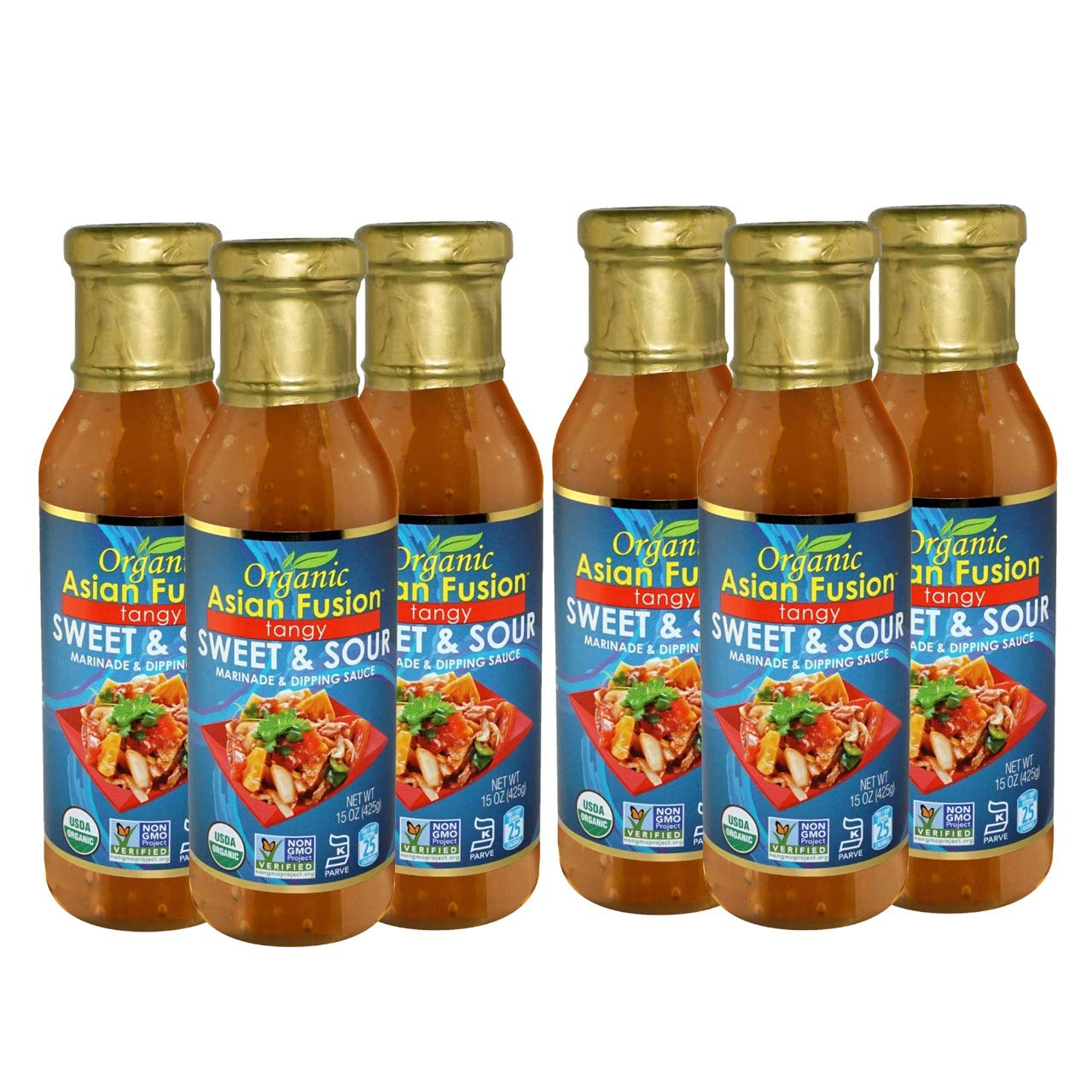 Asian Fusion Organic Sweet & Sour Marinade & Dipping Sauce, 15 Oz, USDA Organic, Non-GMO, Gluten-Free, Kosher, 6 Pack