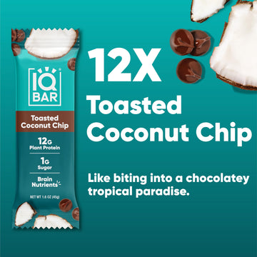 IQBAR Brain and Body Plant Protein Bars - Toasted Coconut Chip - 12-Count Low Carb - Gluten Free, High Fiber, Vegan Snacks - Low