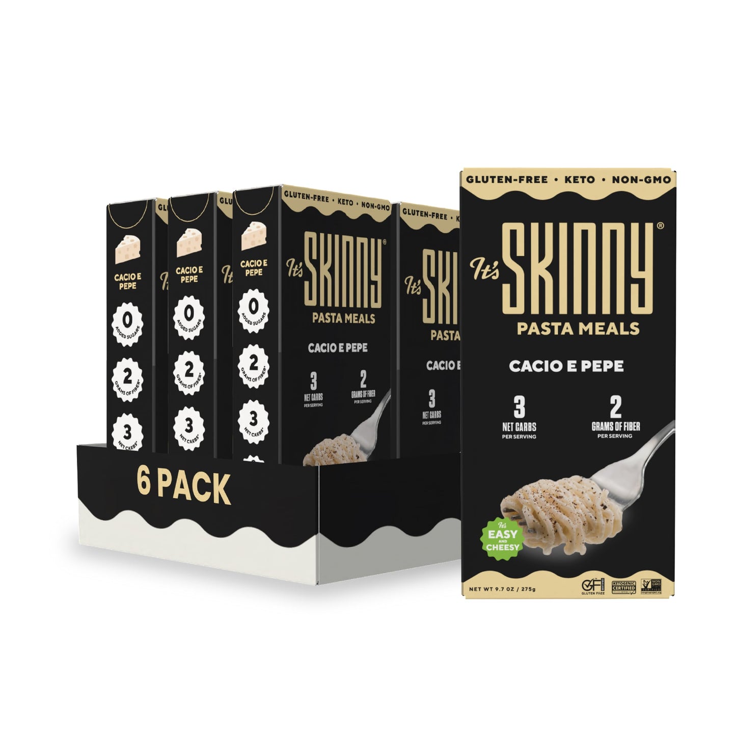 Its Skinny Cacio e Pepe - Low Carb Pasta Gluten Free Non-GMO Keto-Friendly Only 3 Net Carbs & 2g of Fiber per Serving with Organic Parmesan and Pecorino Romano Cheese Sauce Ready in 5 Minutes (6 Packs)