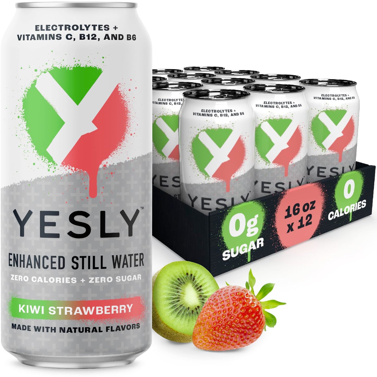 Yesly Functional Water, Kiwi Strawberry, Naturally Flavored, 16 Fl Oz Cans, Pack of 12, Zero Sugar, No Artificial Sweeteners