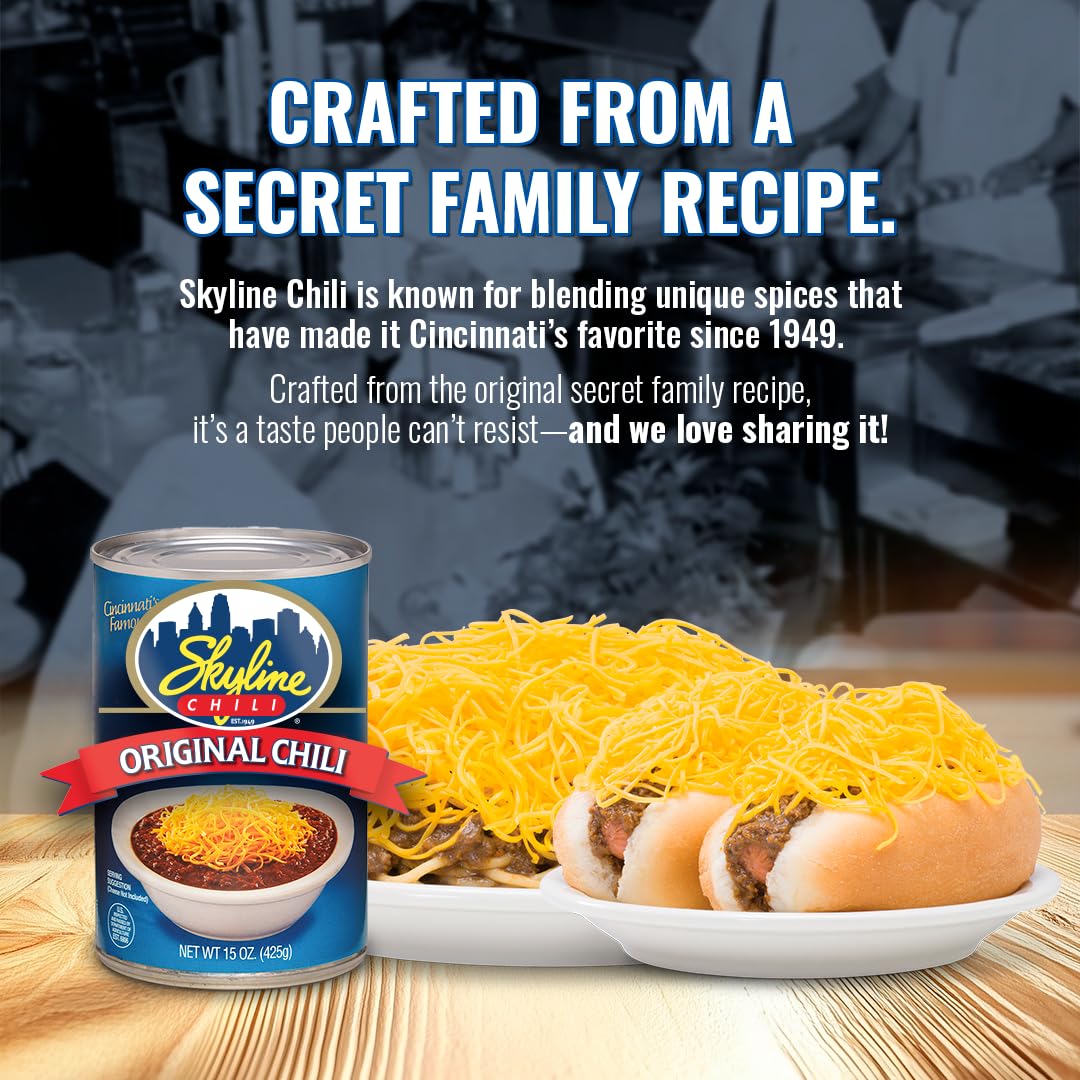 Skyline Chili Canned Chili 8-Pack, Authentic Cincinnati Chili, 15 oz Cans, No Beans, High-Protein Hot Dog Sauce