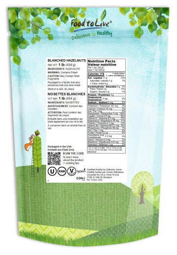 Food To Live Blanched Hazelnuts, 1 Pound Raw Whole Filberts, No Skin, Unsalted, Unroasted Nuts, Vegan, Kosher. Keto. Good Source Of Vitamins And Protein. Great For Baking, Granola & Butter Making