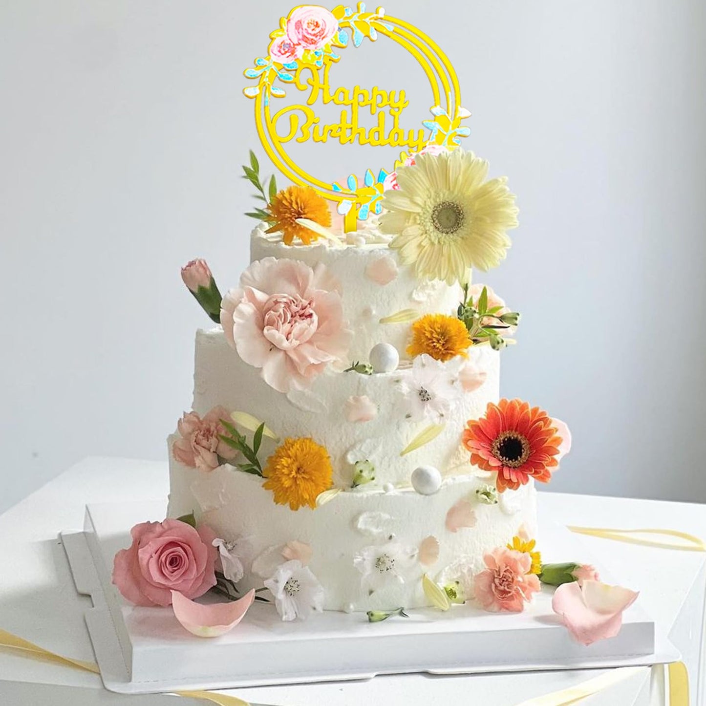 32 Pcs Gold Happy Birthday Cake Toppers Flower Acrylic Gold Birthday Cake Topper Cake Pick Decorations For Birthday Party Cake D