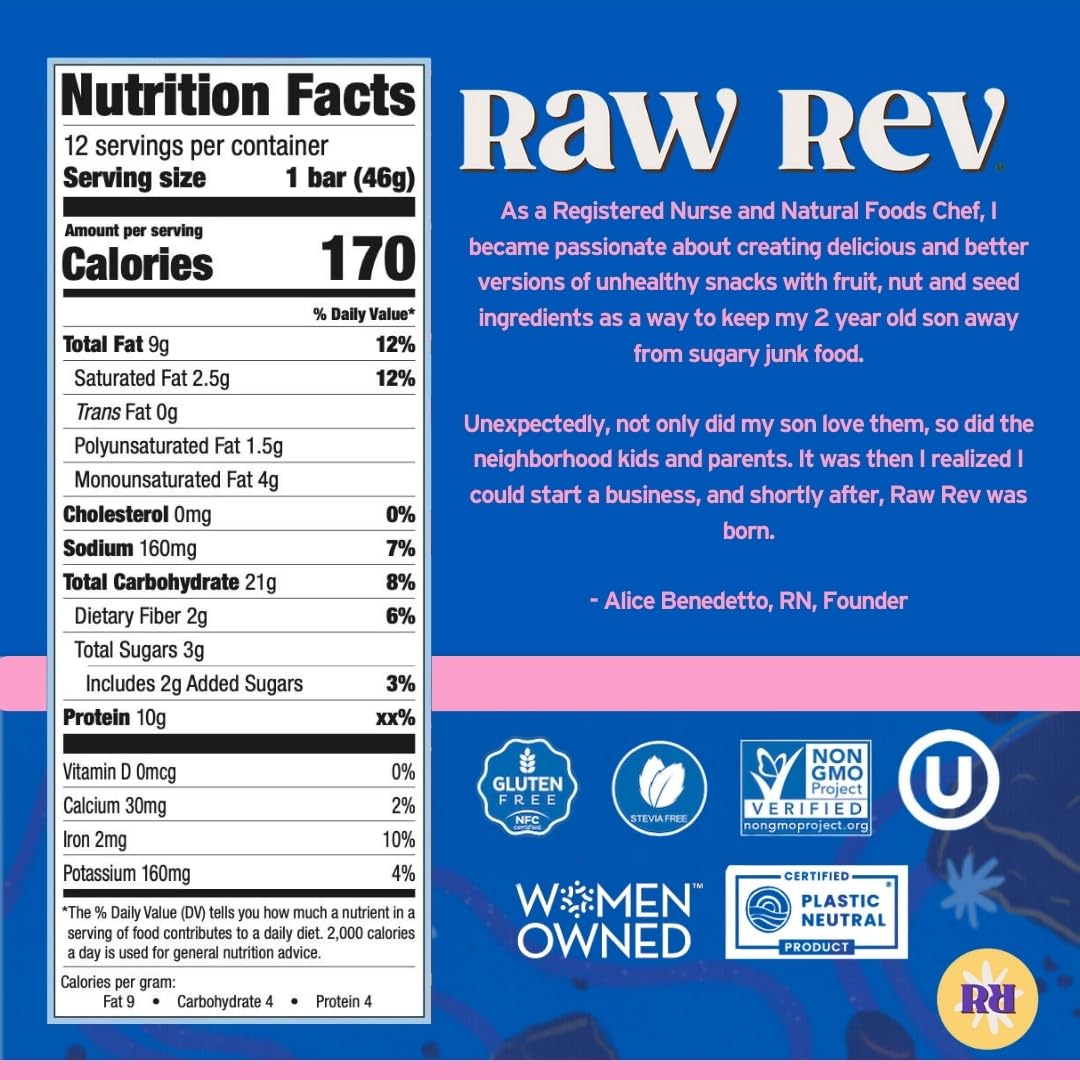 Raw Rev Vegan High-Protein Bars, Double Chocolate Brownie Batter, 10g Plant Protein, 12g Fiber, Non-GMO, 1.6 Oz, 12 Count (Pack