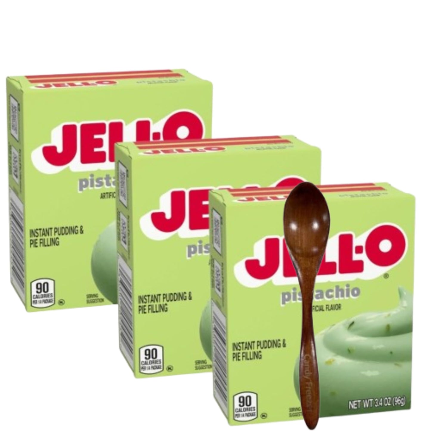 Jell-O Instant Pudding & Pie Filling Mix 3.4 oz Box (Pack of 3) with Candy Freezer Wooden Spoon (Pistachio) - Wooden Spoon