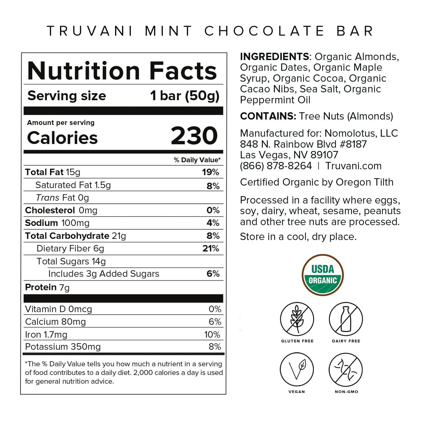 Truvani Plant Based Snack Bars, Chocolate Mint, 7g Protein, Vegan, USDA Organic, Gluten Free, Single Bar
