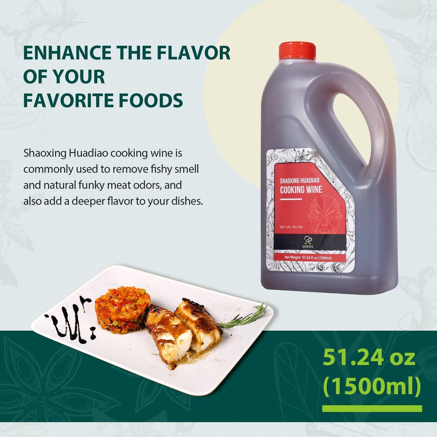Soeos Shaoxing Cooking Wine, Chinese Rice Wine, 51.24 Fl Oz (1500ml), Ideal for Cooking