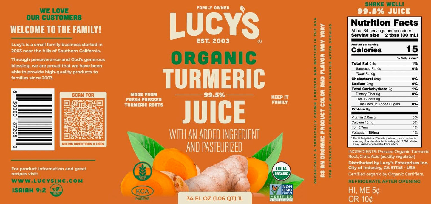 Lucys Organic Non-GMO Turmeric Juice, 34 Fl Oz, Fresh Pressed in Glass Bottle